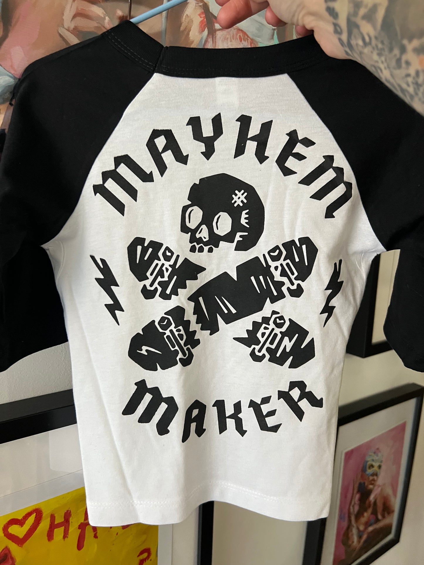 Seconds sale item, mayhem maker kids raglan. Age 2