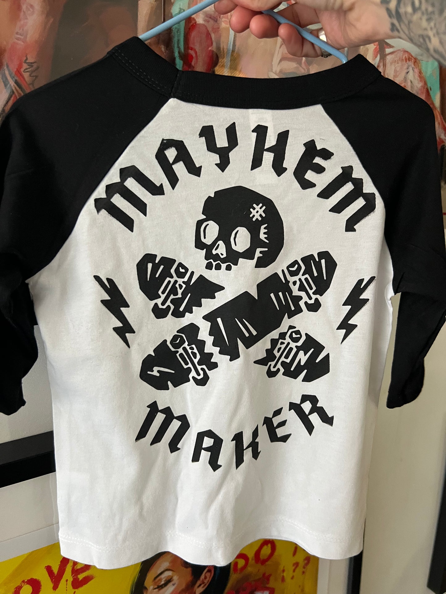 Seconds sale item, mayhem maker kids raglan. Age 2