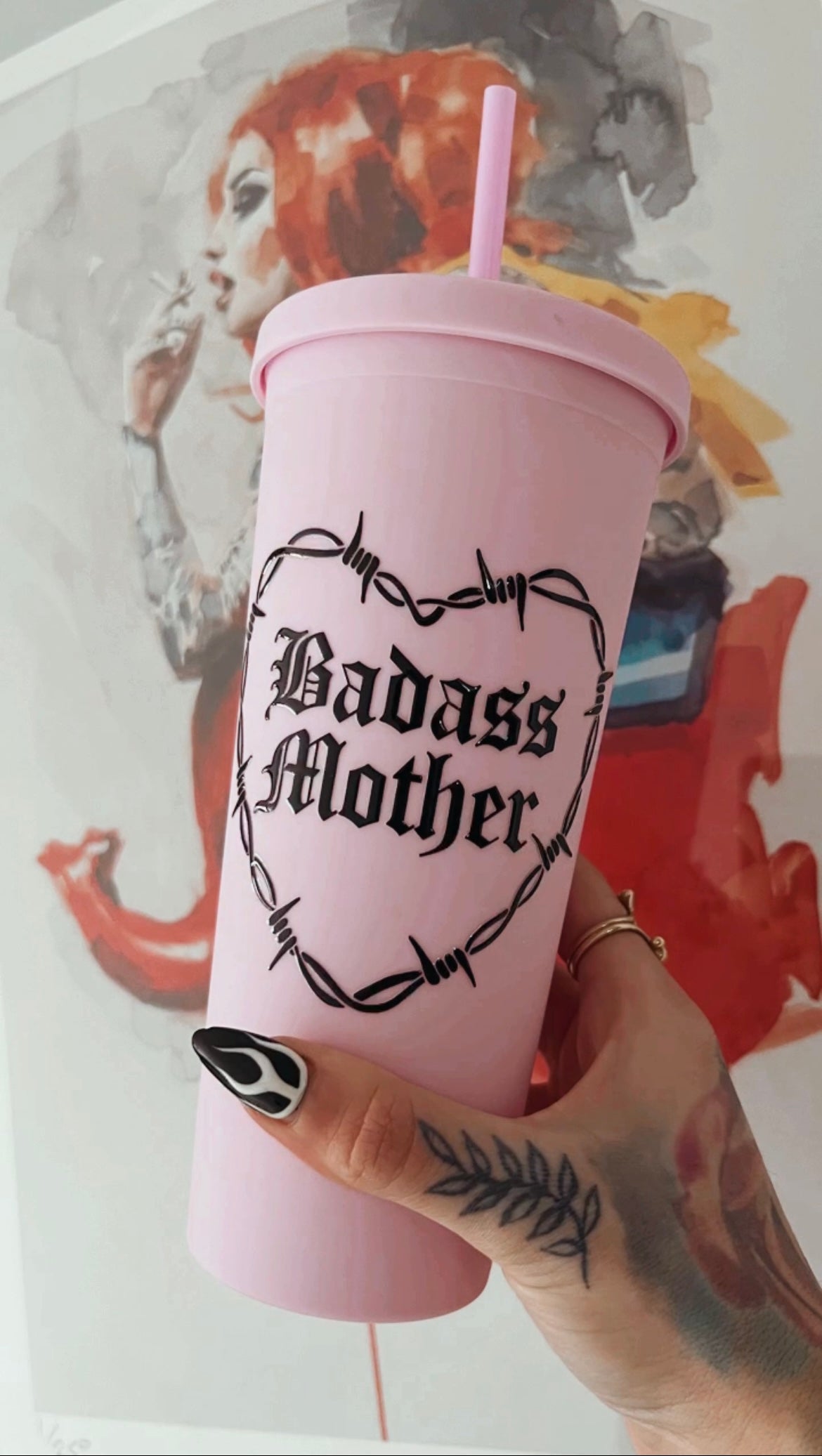 Badass Mother Barbwire Cold Cup black on pink