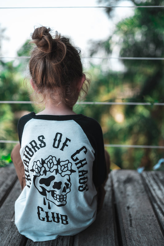 Seconds sale item. Creators of chaos club kids raglan age 2