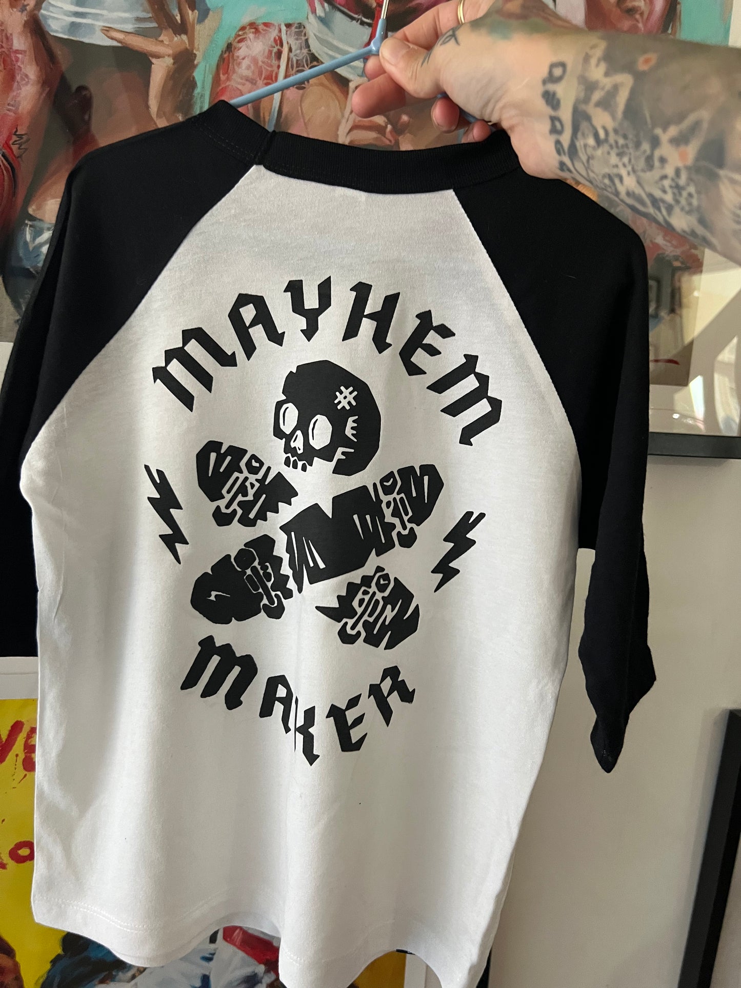 Seconds sale item, mayhem maker kids raglan. Age 5