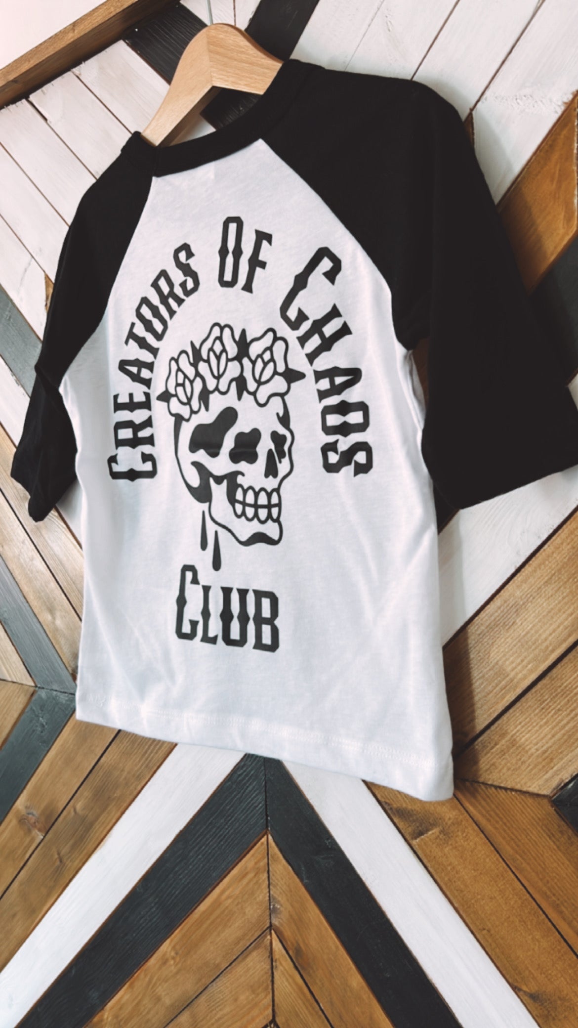 Creators Of Chaos Black And White Raglan